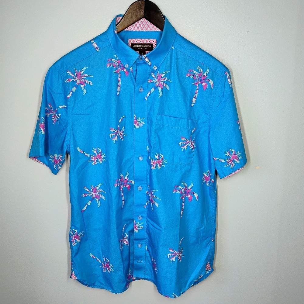 Johnston & Murphy Blue Palm Tree Print Short Sleeve Button Down Shirt Size Small